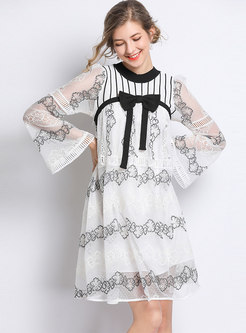 Chic Color-blocked Lace Splicing Flare Sleeve Shift Dress