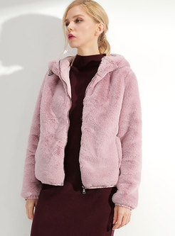 Chic Pure Color Hooded Zipper Hairy Short Coat