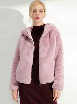 Chic Pure Color Hooded Zipper Hairy Short Coat