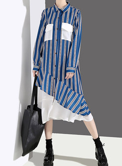 Fashion Lapel Long Sleeve Striped Splicing Shift Dress