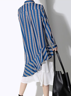 Fashion Lapel Long Sleeve Striped Splicing Shift Dress