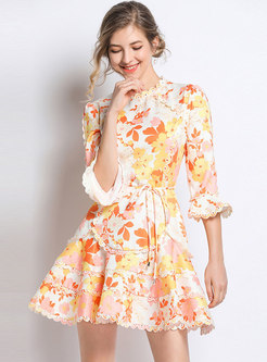 Trendy Print Flare Sleeve Tie-waist Falbala Mini Dress