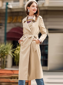 Elegant Khaki Turn Down Collar Belted Trench Coat