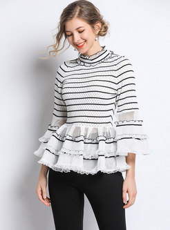Striped Splicing Hollow Out Flare Sleeve Falbala Sweater