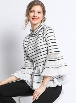 Striped Splicing Hollow Out Flare Sleeve Falbala Sweater
