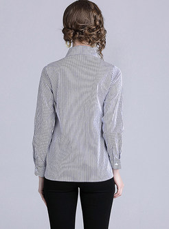Lapel Long Sleeve Embroidered Striped Blouse