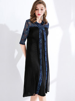 Color-blocked Lace Splicing Pleated A Line Dress