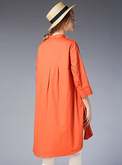 Casual Pure Color Stand Collar Asymmetric Loose Blouse