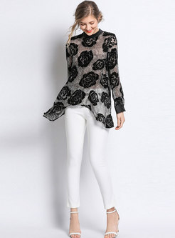 Chic Rose Pattern O-neck Asymmetric Pullover Blouse