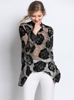 Chic Rose Pattern O-neck Asymmetric Pullover Blouse