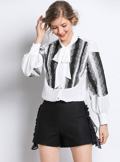 Color-blocked Stand Collar Bowknot Single-breasted Blouse