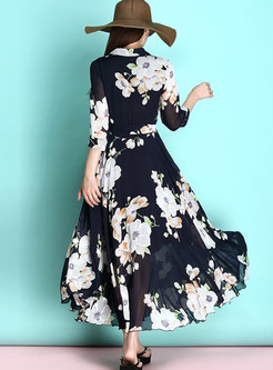 Bohemian V-neck Print Waist Big Hem Maxi Dress