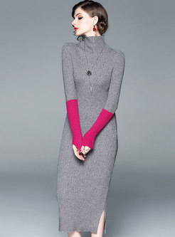 Brief Color-blocked High Neck Side-slit Sheath Knitted Dress
