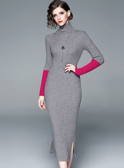 Brief Color-blocked High Neck Side-slit Sheath Knitted Dress