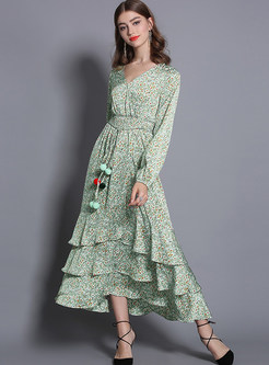 V-neck Lantern Sleeve Floral High Waist Falbala Maxi Dress