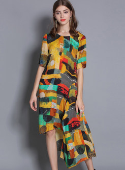 Casual O-neck Color-blocked Silk Asymmetric Dress