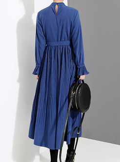 Brief Solid Color Standing Collar Waist Pleated Dress