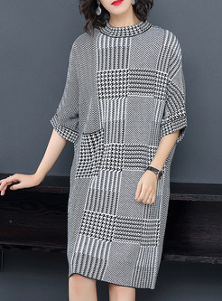 Casual Half High Neck Houndstooth Knitted Shift Dress