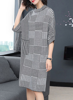 Casual Half High Neck Houndstooth Knitted Shift Dress