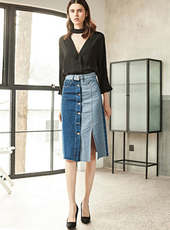 Stylish Color-blocked Single-breasted Slit Denim Skirt