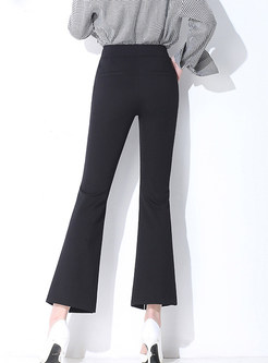 High Waist Solid Color Slit Flare Pants With Metal