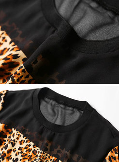 Elegant Splicing Leopard Print O-neck Pullover Blouse