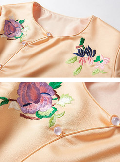 Vintage Embroidered O-neck Three Quarters Sleeve Short Coat