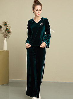Casual Velvet Embroidered Tied V-neck Top & Wide Leg Pants