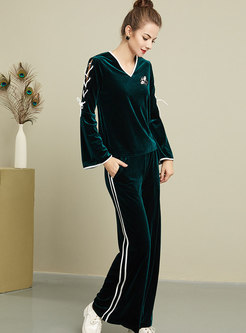 Casual Velvet Embroidered Tied V-neck Top & Wide Leg Pants