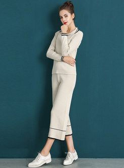 Casual Color-blocked Lapel Knitted Top & Knitted Wide Leg Pants