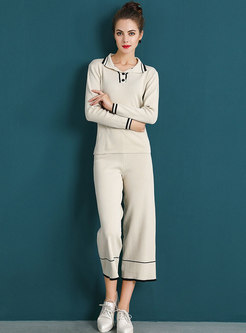 Casual Color-blocked Lapel Knitted Top & Knitted Wide Leg Pants