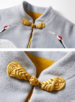 Chic Stand Collar Embroidered Woolen Kimono