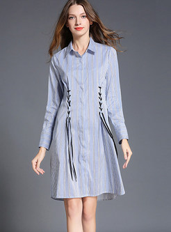 Casual Fashion Lapel Long Sleeve Striped Tied Skater Dress
