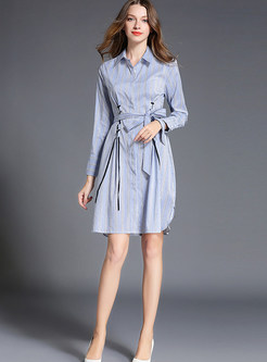 Casual Fashion Lapel Long Sleeve Striped Tied Skater Dress
