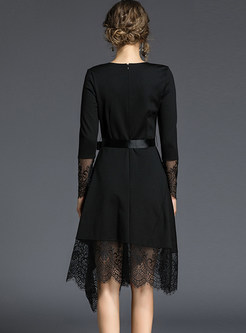 Black Long Sleeve Patchwork Lace A Line Dress