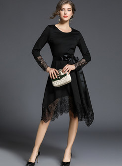 Black Long Sleeve Patchwork Lace A Line Dress