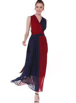 Color-blocked V-neck Sleeveless Waist Big Hem Maxi Dress