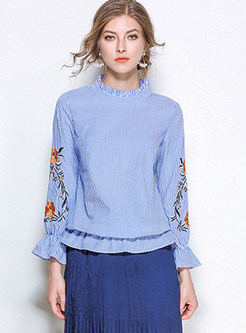 Trendy Standing Collar Embroidered Striped Blouse