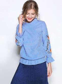 Trendy Standing Collar Embroidered Striped Blouse