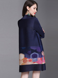 Color-blocked Long Sleeve Plus Size Print Dress