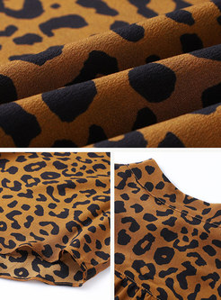 Leopard Print V-neck Bowknot Falbala Asymmetric Blouse