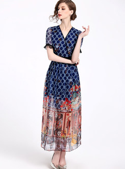 Fashion V-neck Short Sleeve Perspective Print Maxi Dress
