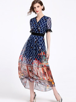 Fashion V-neck Short Sleeve Perspective Print Maxi Dress