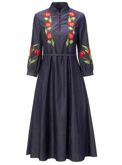 Vintage Mandarin Collar Embroidered Denim Dress