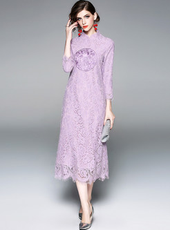 Retro Solid Color Mandarin Collar Loose Lace Shift Dress