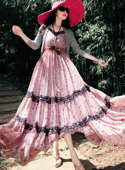 Bohemian Color-blocked Floral Big Hem Sling Dress