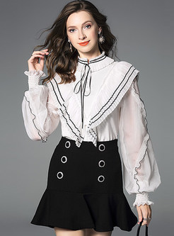 Color-blocked Standing Collar Long Sleeve Tied Blouse