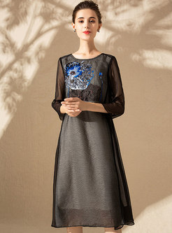 Elegant Splicing Embroidered Three Quarters Sleeve Shift Dress