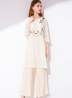 Chic O-neck Embroidered Slit Long Top & Wide Leg Pants