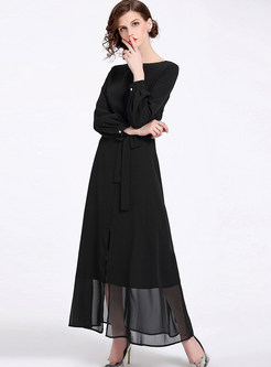 Brief Solid Color Long Sleeve Waist Slit Chiffon Maxi Dress